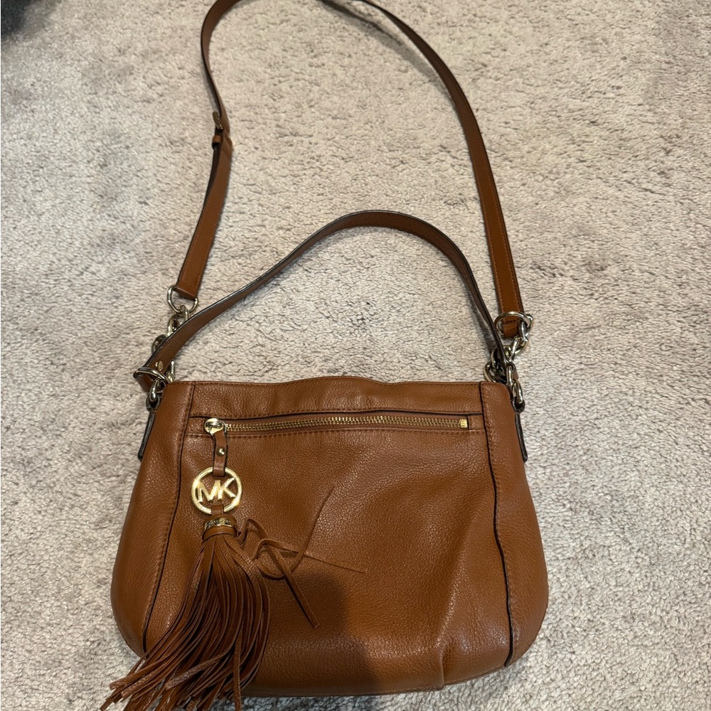 Michael Kors Cognac Pebbled Leather Crossbody with Tassel Charm